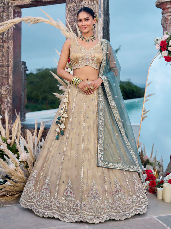 Green Tissue Beads with zari Embroidered Lehenga Set House of Panchhi