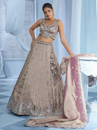 Shade of purple Tissue Floral Beads Embroidered Semi-Stitched Lehenga Set