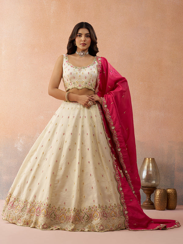 Cosmos Silk Beads & Sequins Embroidered Semi-Stitched Lehenga set House of Panchhi