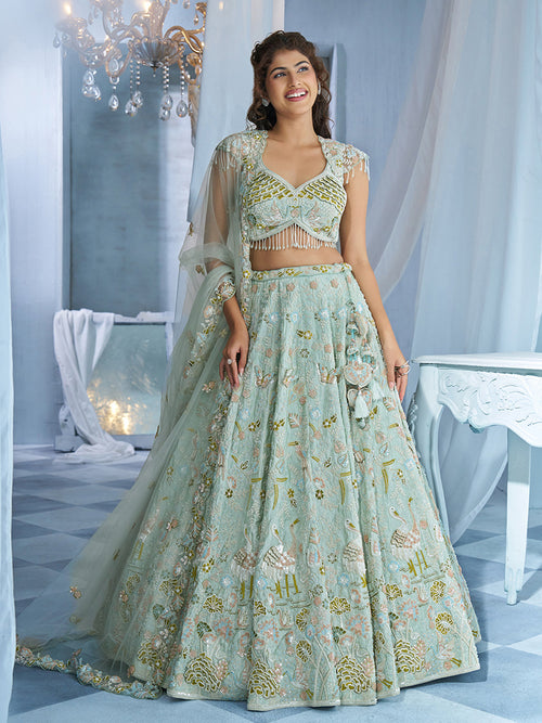 Pista Green Tissue Pearl-Embellished Ready To Wear Lehenga Set