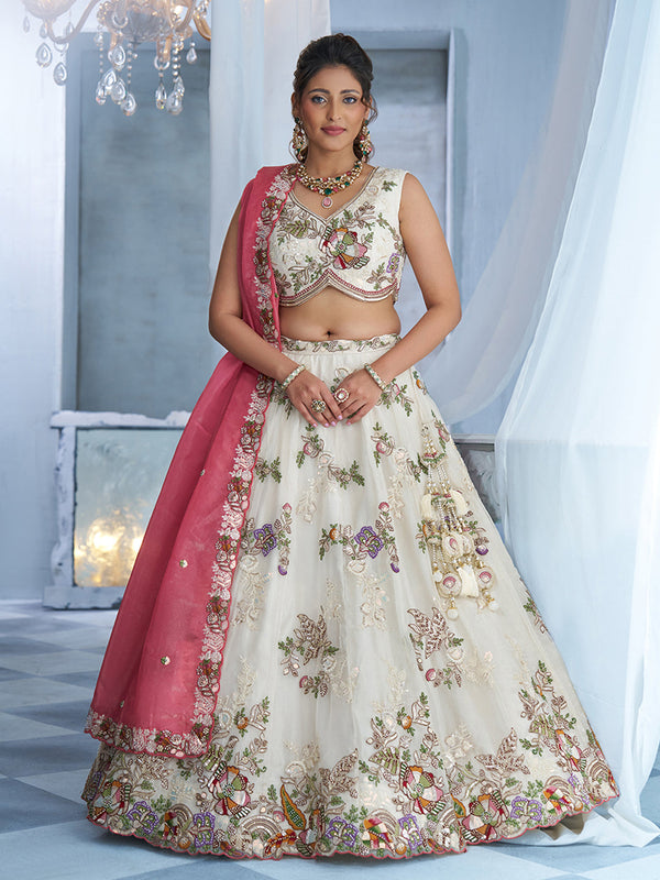 Cream & Pink Tissue Floral & Botanical Motif Semi-Stitched Lehenga Set House of Panchhi