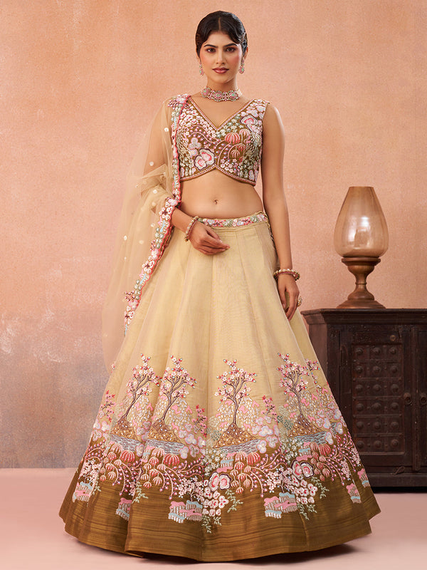 Olive Sequins Embroidered Ombre Olive Semi-Stitched Lehenga Set House of Panchhi