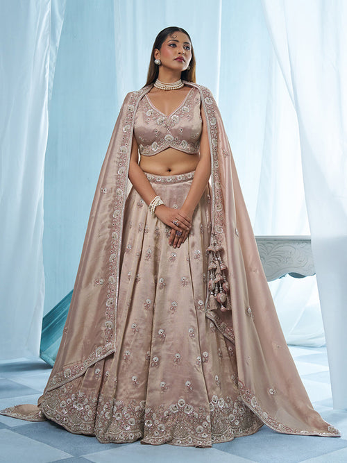 Pink & Silver Tissue Floral Beads Embroidered Semi-Stitched Lehenga Set
