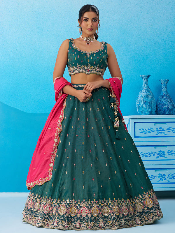 Cosmos Silk Beads & Sequins Embroidered Semi-Stitched Lehenga set House of Panchhi