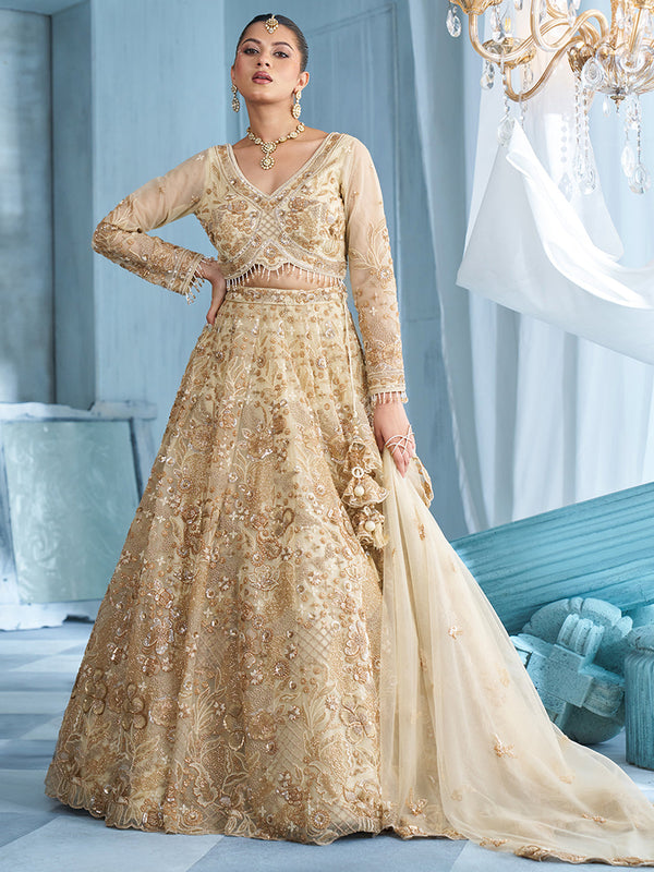 Beige Net Multi Beads Embroidered Ready To Wear Lehenga Set houseofpanchhi
