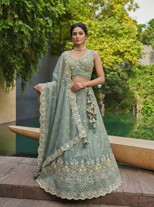 Satin Silk Fabric Sequinned Embroidered Ready to Wear Lehenga Choli & Dupatta
