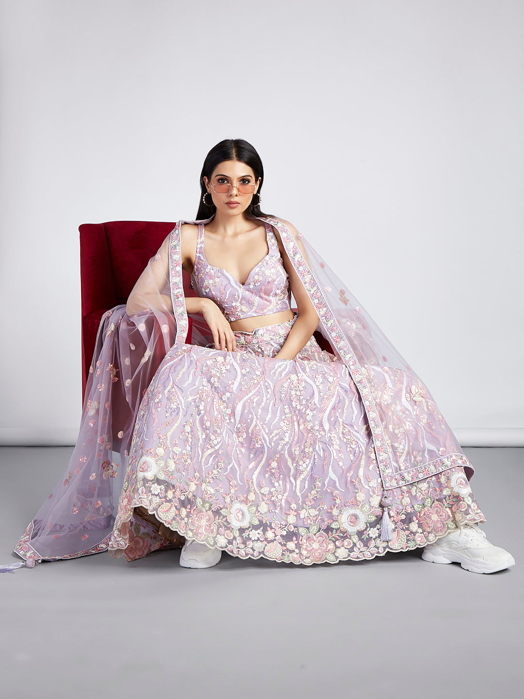 Multi-Sequins & Thread Work Embroidery Net Semi-Stitched Lehenga House of Panchhi
