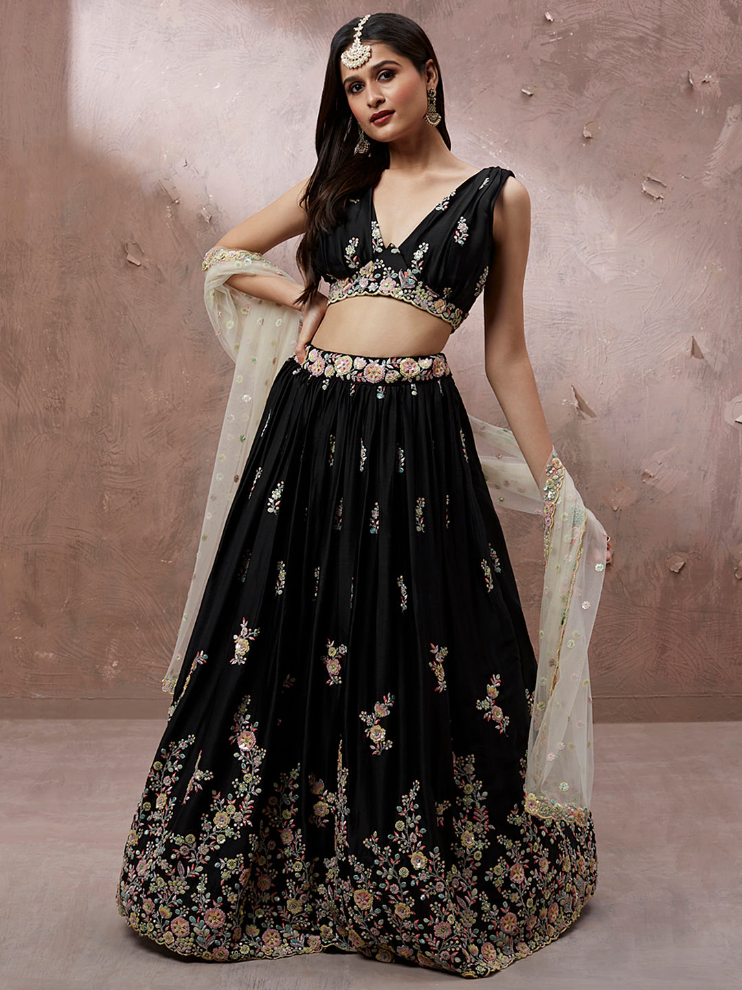 Black Chiffon Sequins with Zarkan embroidery Semi-Stitched Lehenga