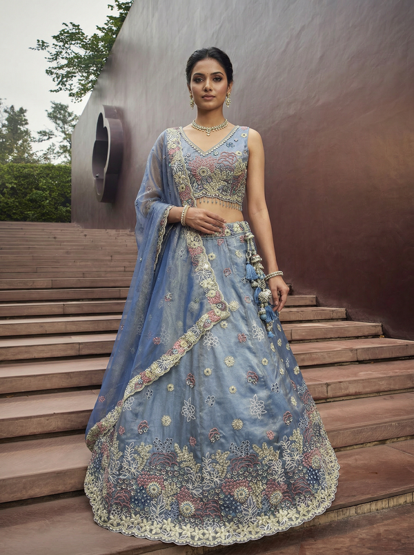 Sky Color Satin Silk Fabric Sequined Embroidered Ready to Wear Lehenga Choli & Dupatta