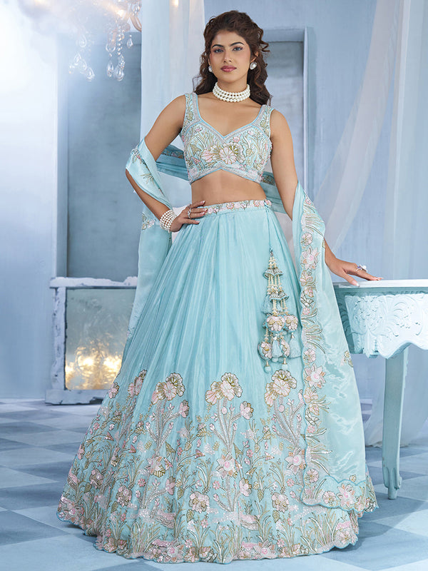 Women's Light Sky Tissue Rose Gold Bead work, Floral Motifs Semi-Stitched Lehenga Set House of Panchhi