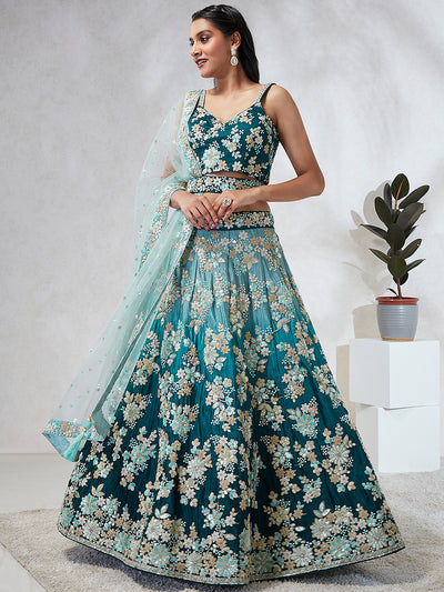 Shaded Teal Color Chiffon Double Color Sequin Embroidered Semi-Stitched Lehenga