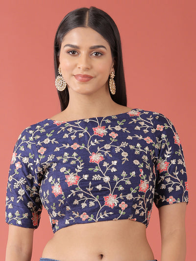 Navy Blue-Toned Pure Silk Embroidery Work Readymade Blouse
