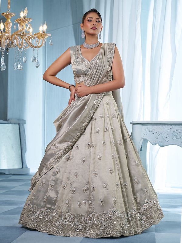 Grey & Silver Tissue Floral Beads Embroidered Semi-Stitched Lehenga Set House of Panchhi
