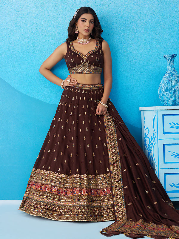 Chinnon Silk Sequinned Thread & Zari Embroidered Semi-Stitched Lehenga set House of Panchhi