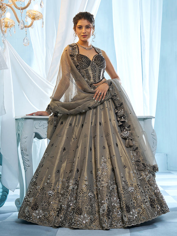 Grey & Silver Tissue Black Beadwork, Floral Motifs Semi-Stitched Lehenga Set House of Panchhi