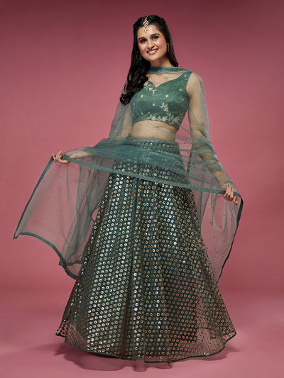 Lime Green Net Sequins Embroidered Semi-Stitched Lehenga