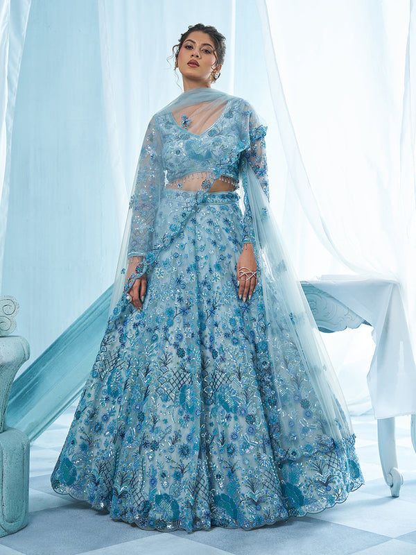 Blue Net Floral Multi Beads Embroidered Ready To Wear Lehenga Set houseofpanchhi