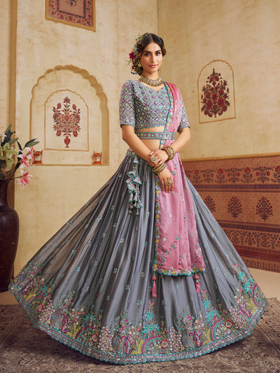 Grey Color Silk Fabric Sequins embroidery Semi-Stitched Lehenga choli & Dupatta houseofpanchhi