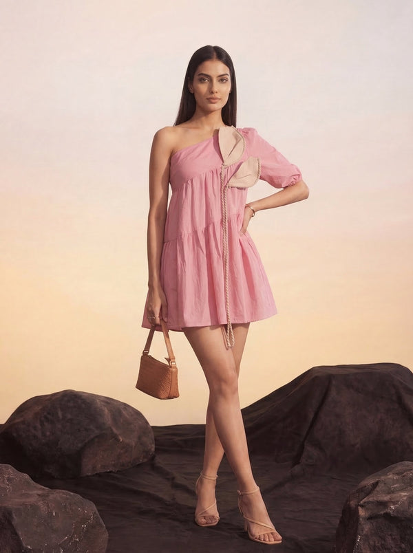 Pink Cotton Floral Printed One Shoulder Fit and Flared Dress House of Panchhi