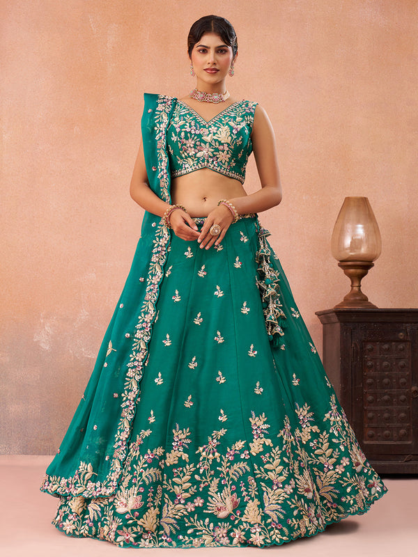 Green Tissue Sequined with Zari Embroidered Semi-Stitched Lehenga Set House of Panchhi