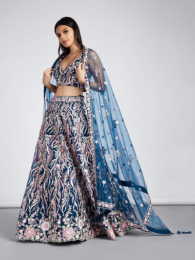 Multi-Sequins & Thread Work Embroidery Net Semi-Stitched Lehenga House of Panchhi
#color_navy-blue