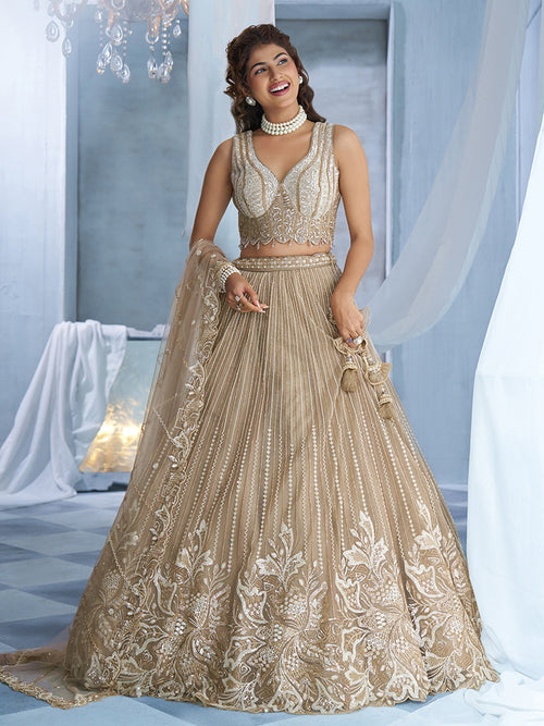 Beige Net White Beads Embroidered Ready To Wear Lehenga Set