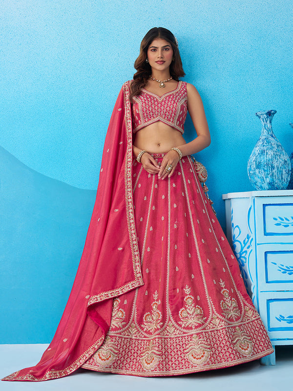 Pink Tissue Beads & Sequins Embroidered Semi-Stitched Lehenga Set House of Panchhi