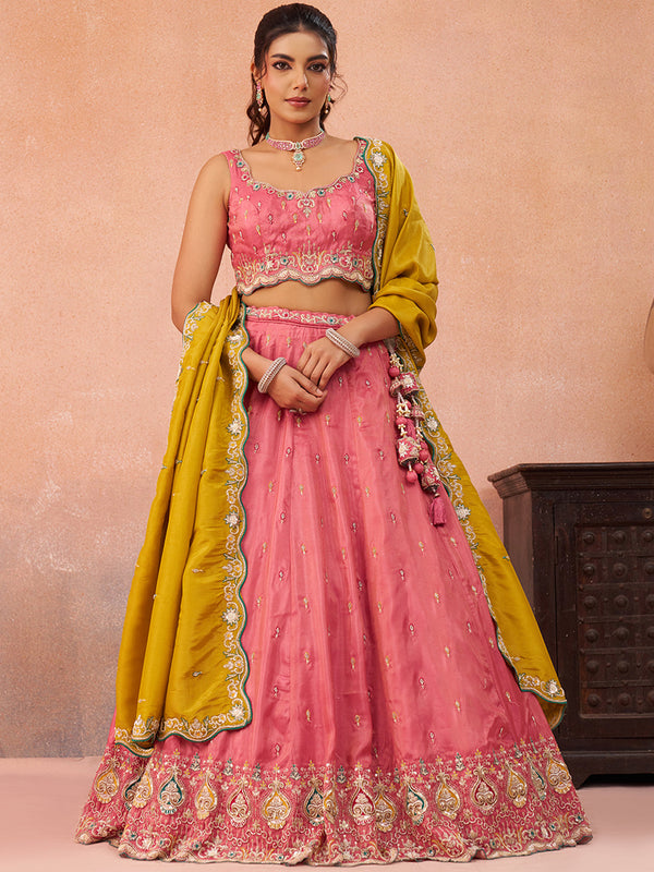 Cosmos Silk Beads & Sequins Embroidered Semi-Stitched Lehenga set House of Panchhi