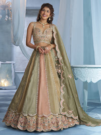 Multicolor Organza Elephant Embroidered Semi-Stitched Lehenga Set