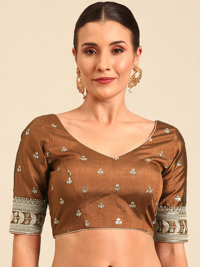 Brown-Toned Pure Silk Embroidery Work Readymade Blouse