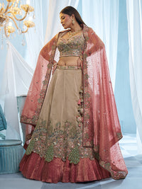 Cream & Pink Tissue Peacock Embroidered Semi-Stitched Lehenga Set