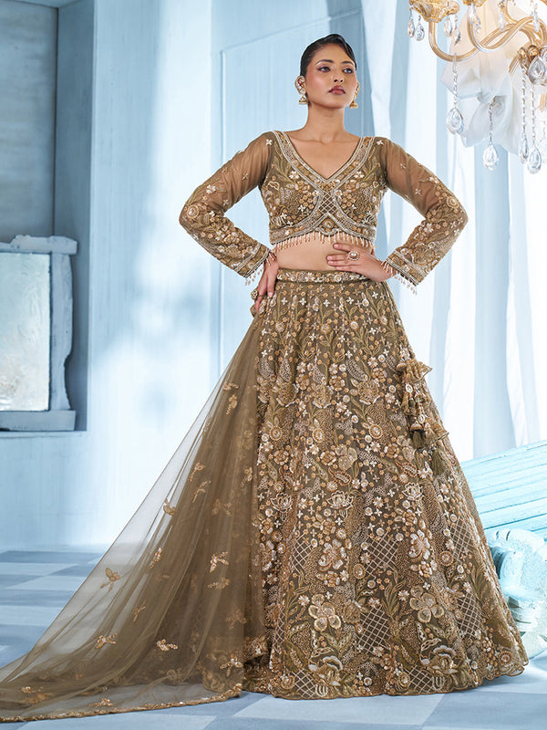 Olive Net Multi Beads Embroidered Ready To Wear Lehenga Set houseofpanchhi