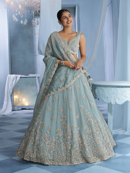 Sky Tissue Floral Beads Embroidered Semi-Stitched Lehenga Set