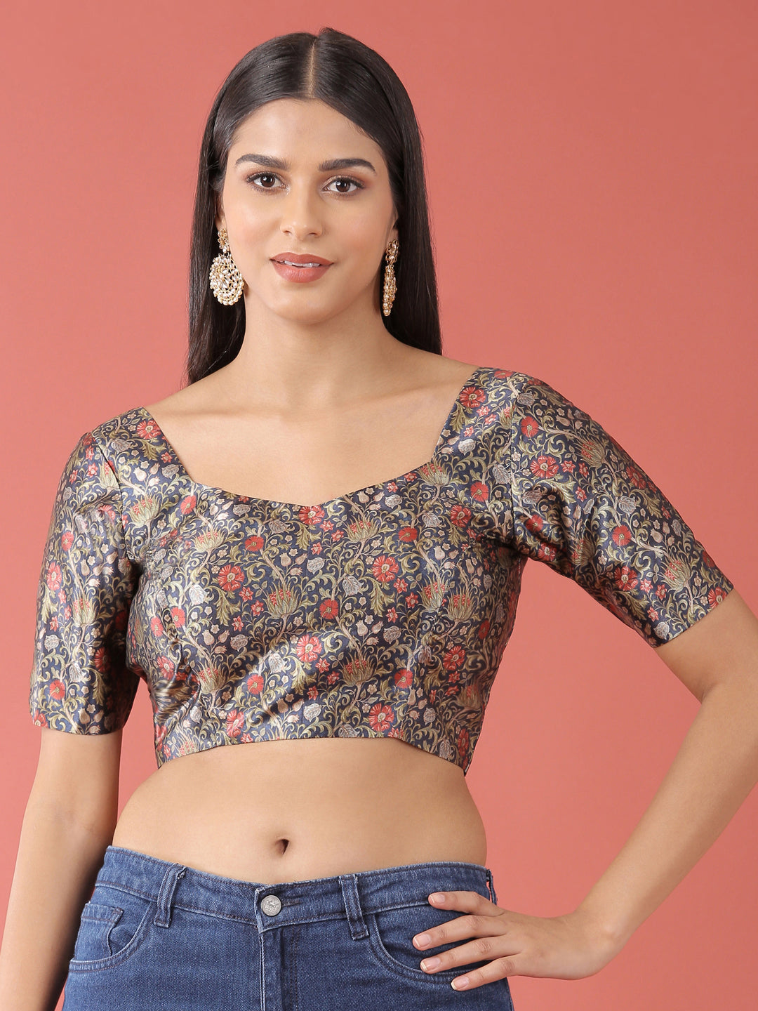 Navy-Blue Toned Polyester Gotta Print Readymade Blouse