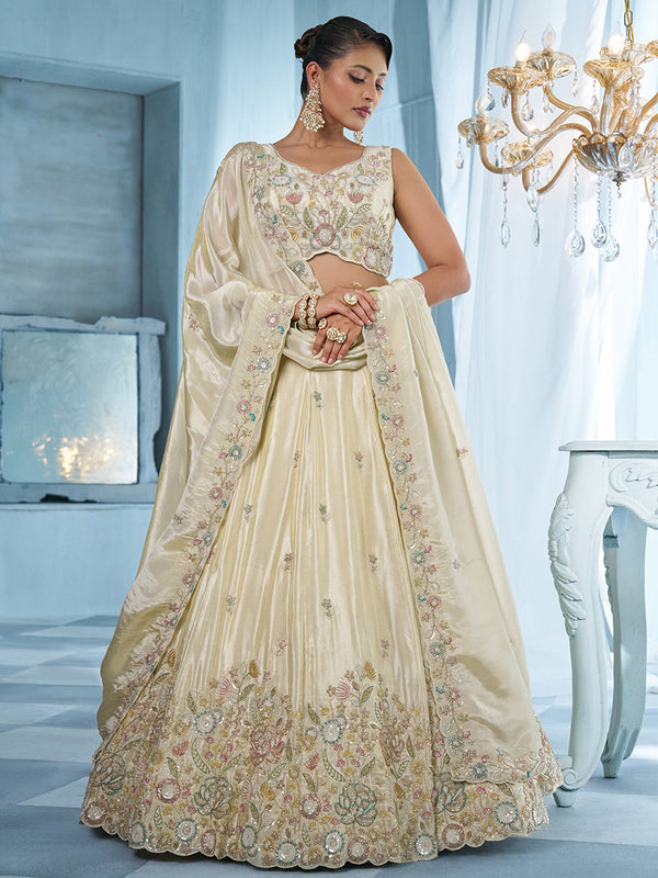 Cream Tissue Floral Multi Beads Embroidered Semi-Stitched Lehenga Set House of Panchhi