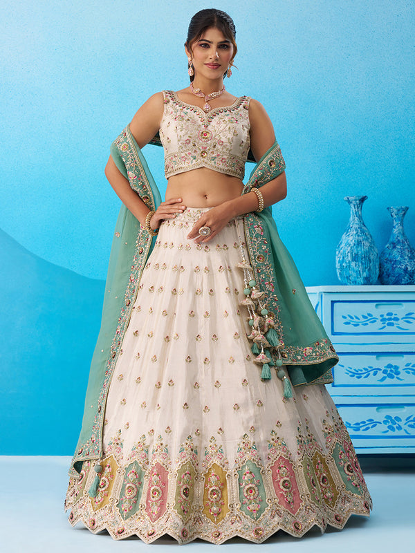 Cream & Sky Tissue Sequined & Zari Embroidered Semi-Stitched Lehenga Set House of Panchhi