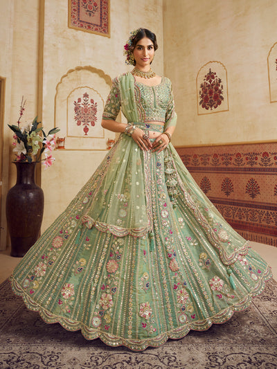 Rosegold Bridal Net Sequins, Moti, Mirror and thread embroidery Semi-Stitched Lehenga House of Panchhi