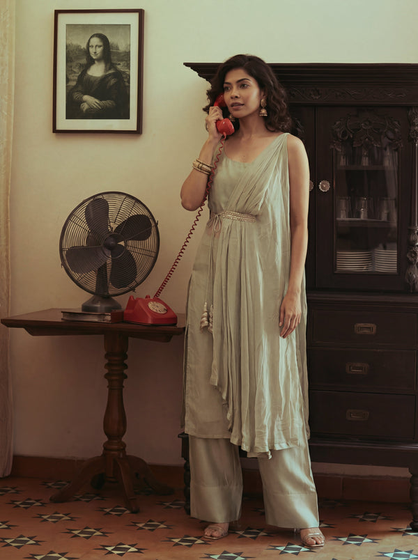 Sea Green Silk Solid Kurta with Pant & One side Shrug Set House of Panchhi