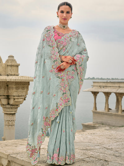 Light Blue Color Banarasi Silk Embroidered with Heavy Border Cutwork Saree with Contrast Blouse