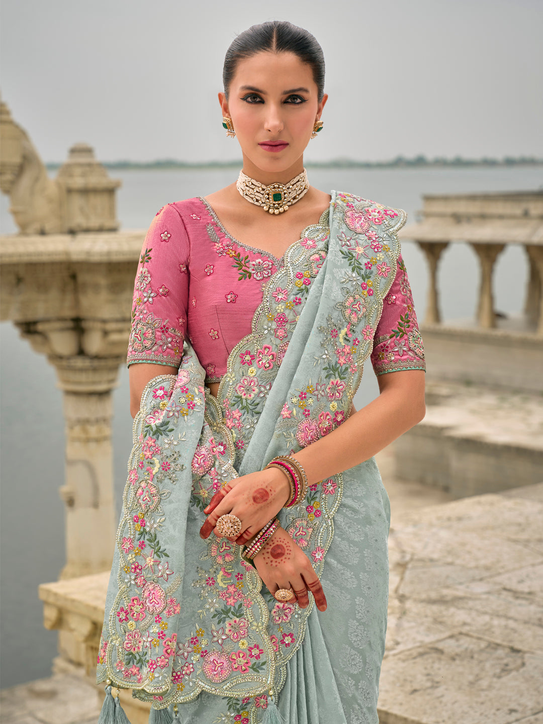 Light Blue Color Banarasi Silk Embroidered with Heavy Border Cutwork Saree with Contrast Blouse