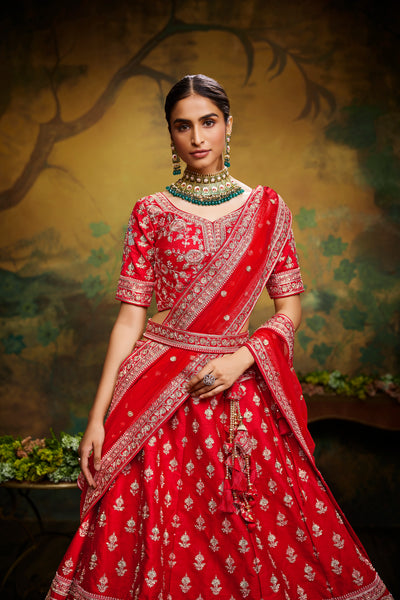 Red Pure Silk Moti & Zarkan Heavy Embroidery Semi-Stitched Bridal Lehenga choli