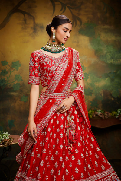 Red Pure Silk Moti & Zarkan Heavy Embroidery Semi-Stitched Bridal Lehenga choli