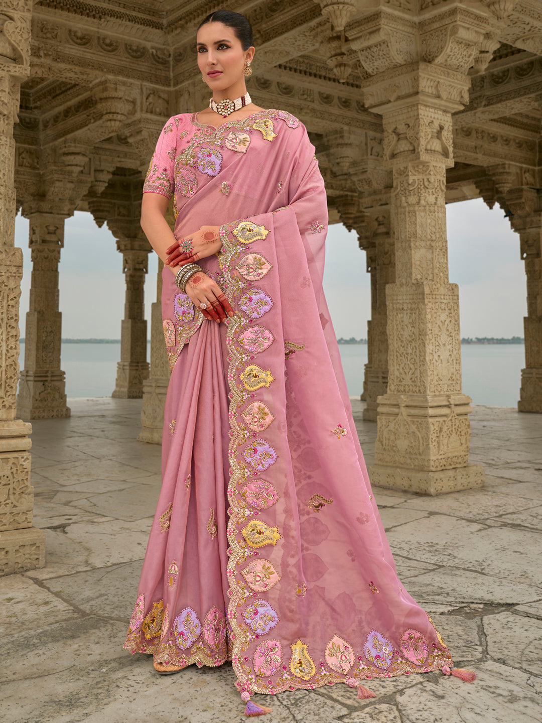 Pink Color Tissue Silk Embroidered with Heavy Patchwork & Cutwork Border Saree