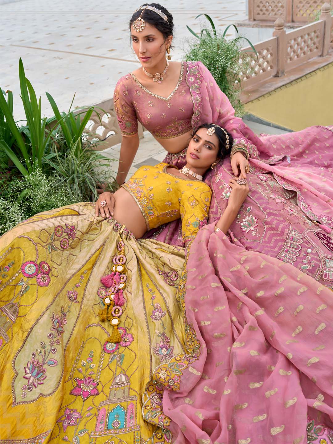 Yellow-Pink Shade Patch-Work & Cut-Work Silk Embroidered Semi Stitched Lehenga Choli