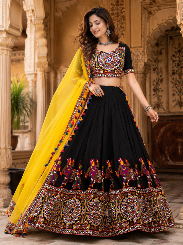Black and Yellow color Navratri Designer Ready To Wear Lehenga Set houseofpanchhi
