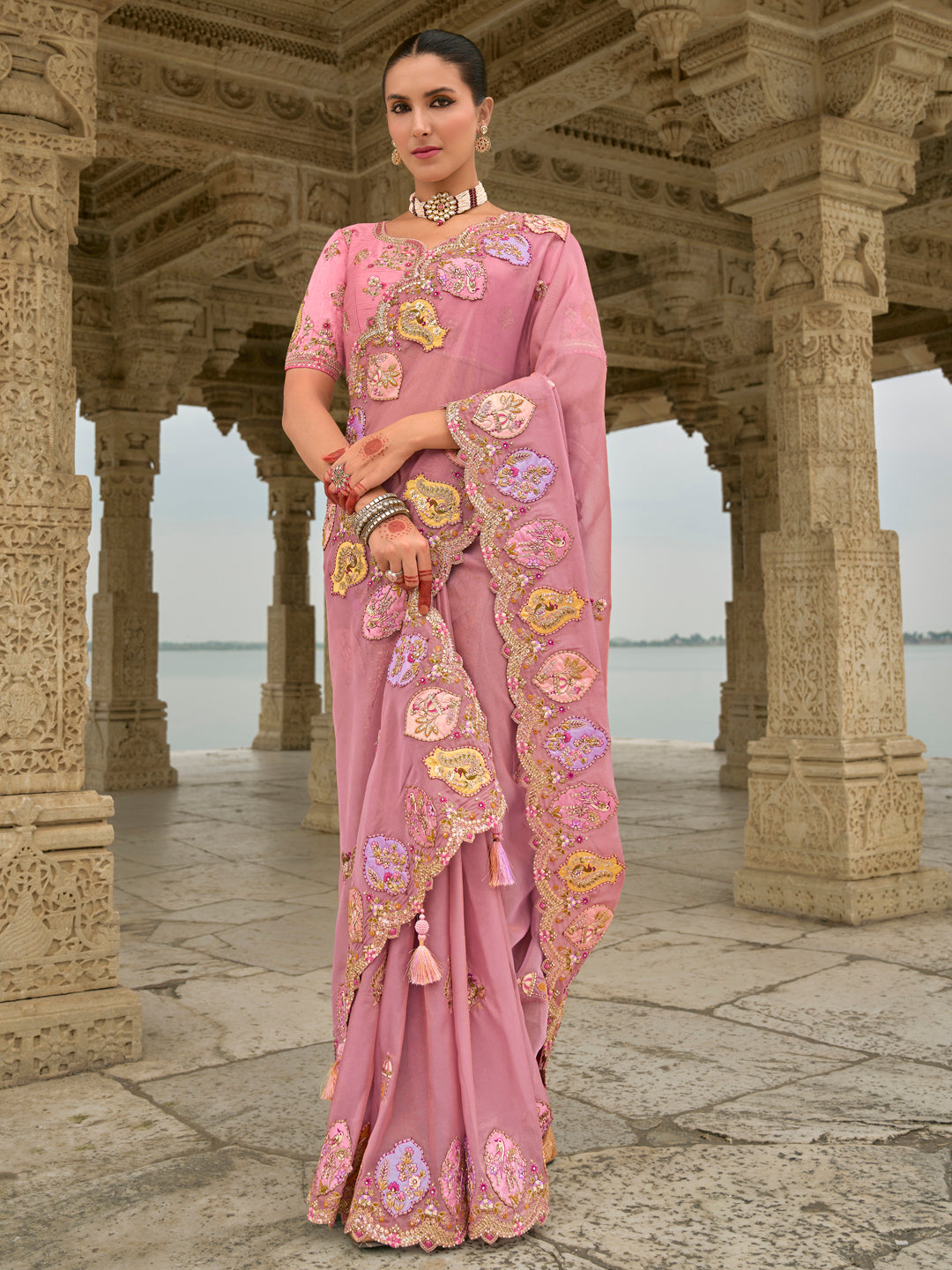 Pink Color Tissue Silk Embroidered with Heavy Patchwork & Cutwork Border Saree