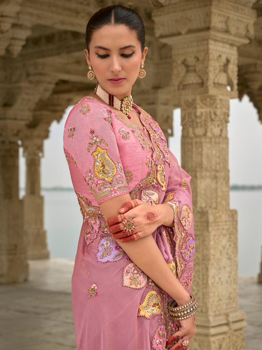 Pink Color Tissue Silk Embroidered with Heavy Patchwork & Cutwork Border Saree