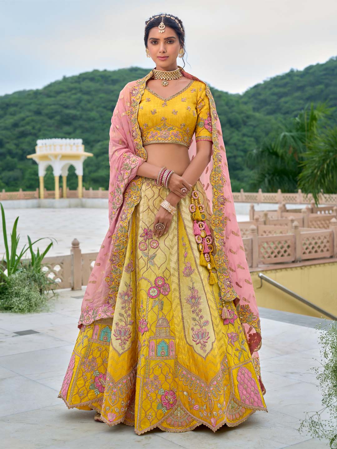 Yellow-Pink Shade Patch-Work & Cut-Work Silk Embroidered Semi Stitched Lehenga Choli