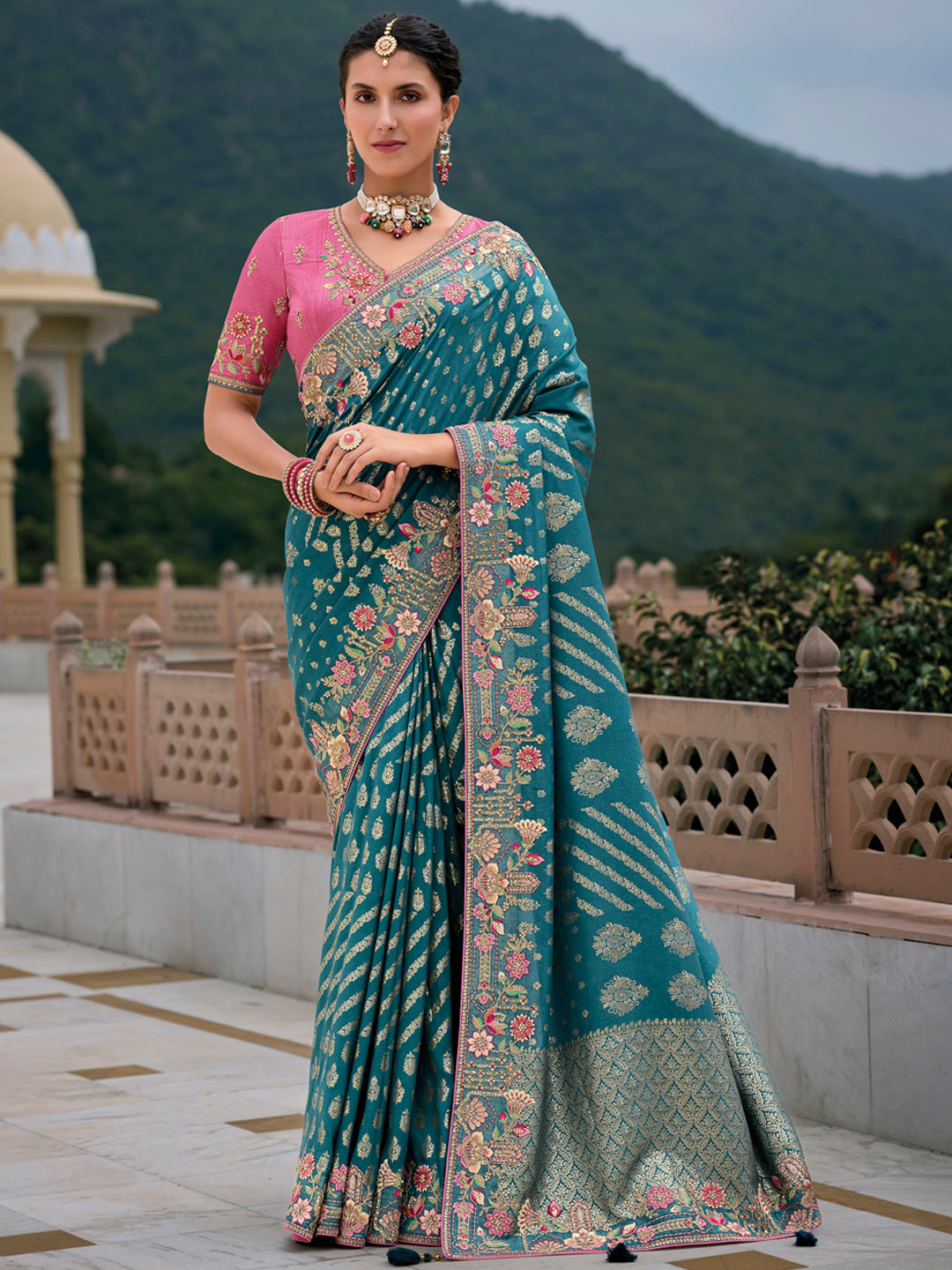 Teal Color Pure Golden Woven Thread, Dola Silk Patch Work Border Embroiderey Saree with Contrast Blouse