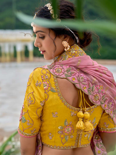 Yellow-Pink Shade Patch-Work & Cut-Work Silk Embroidered Semi Stitched Lehenga Choli